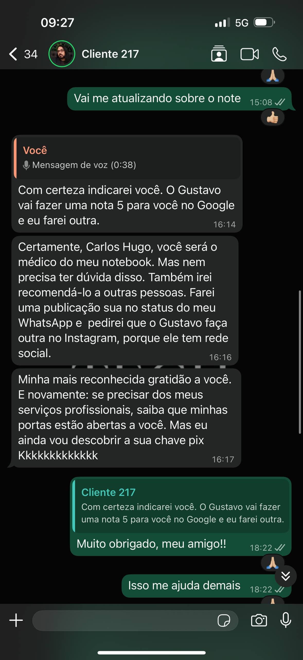 Depoimento de cliente recebido pelo WhatsApp 1
